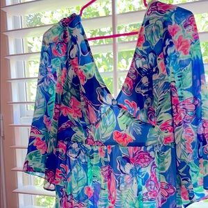 Blue Backless Wrap Blouse with Bell Sleeves